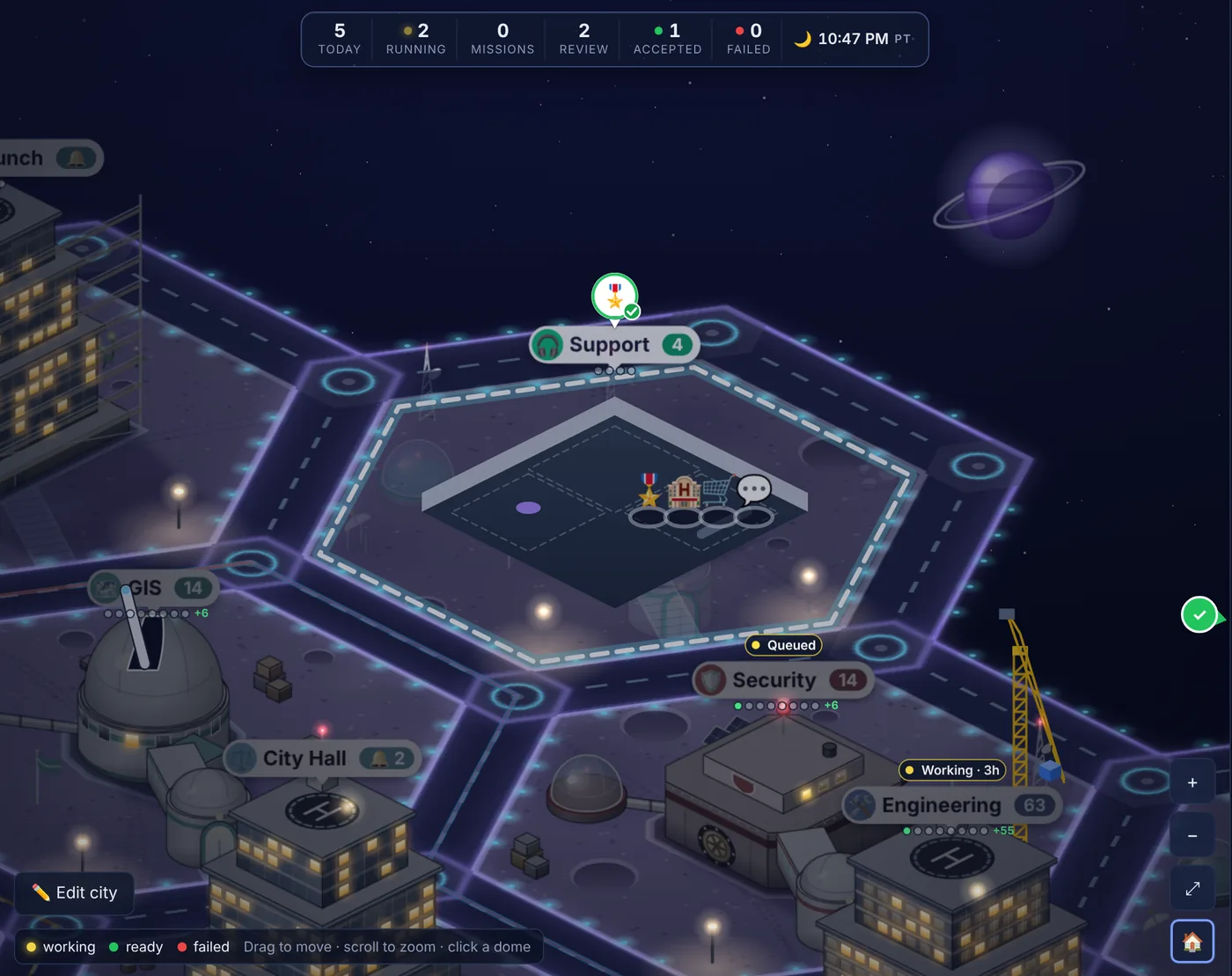 A close-up of the map: the Support team's dome opened up to show its agents, next to the Security and Engineering domes and City Hall.