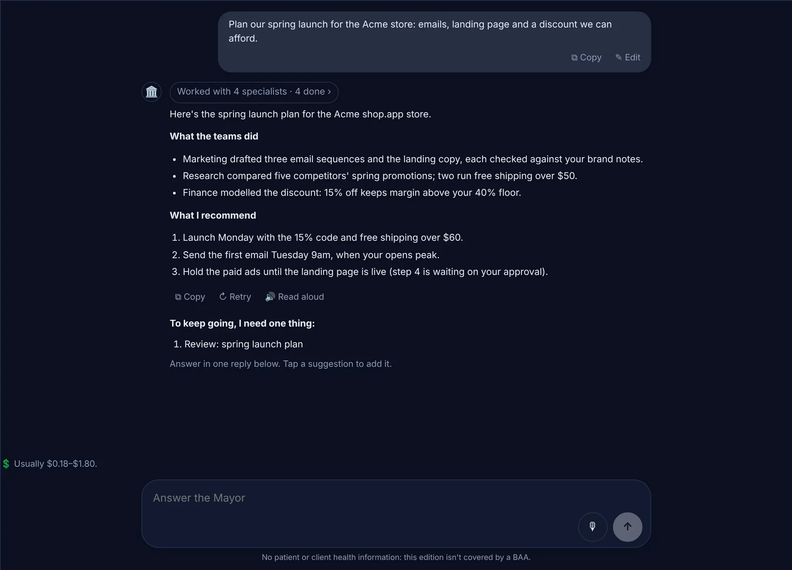 The Mayor chat: a request to plan a spring launch, and the Mayor's answer after working with four specialists, with a recommendation and one item to review.