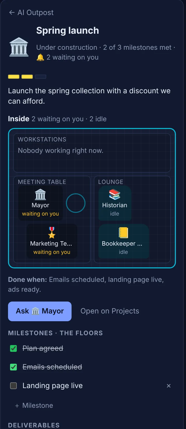 A project card for Spring launch: two of three milestones met, the Mayor and the Marketing lead waiting on the owner, the Historian and Bookkeeper idle.